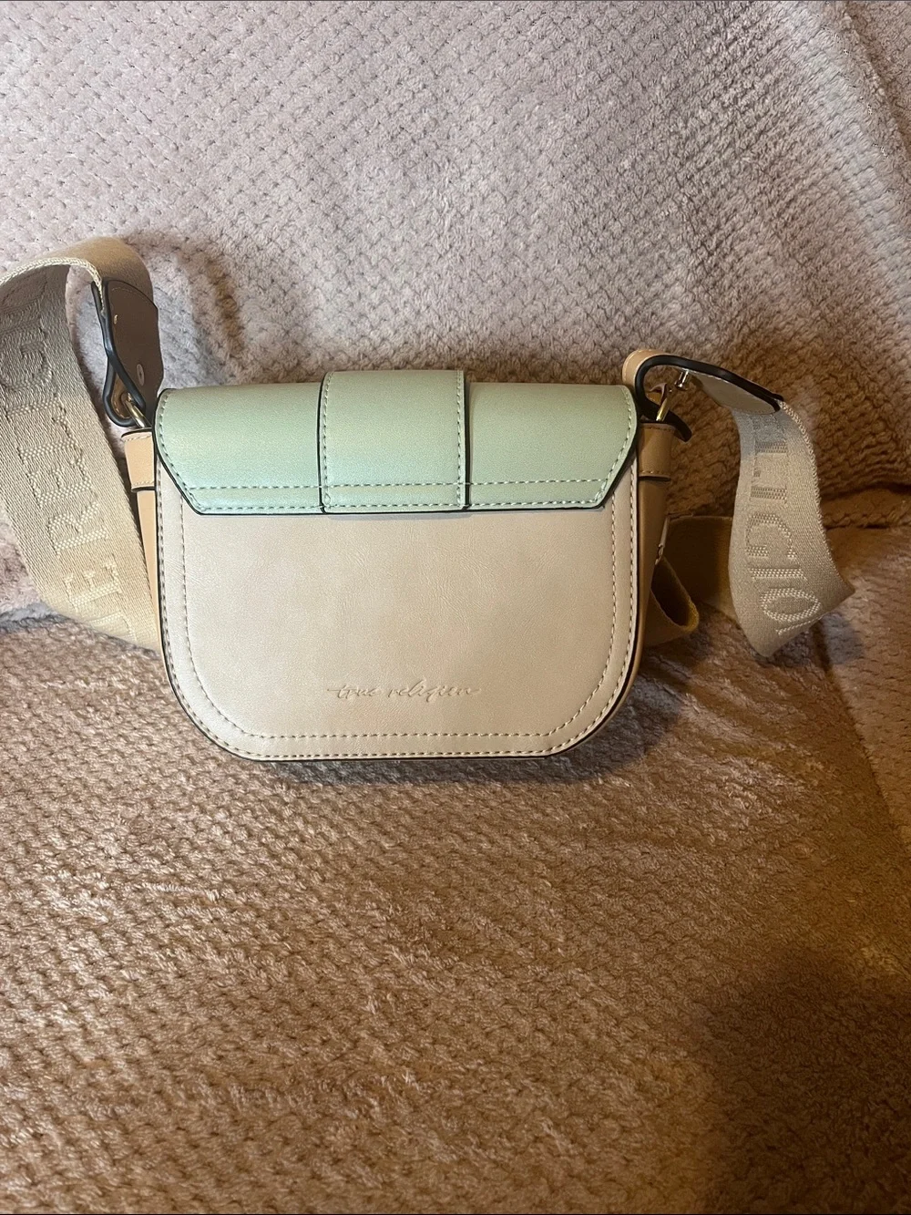 True Religion Mint Green Leather Crossbody with Beige Canvas Strap